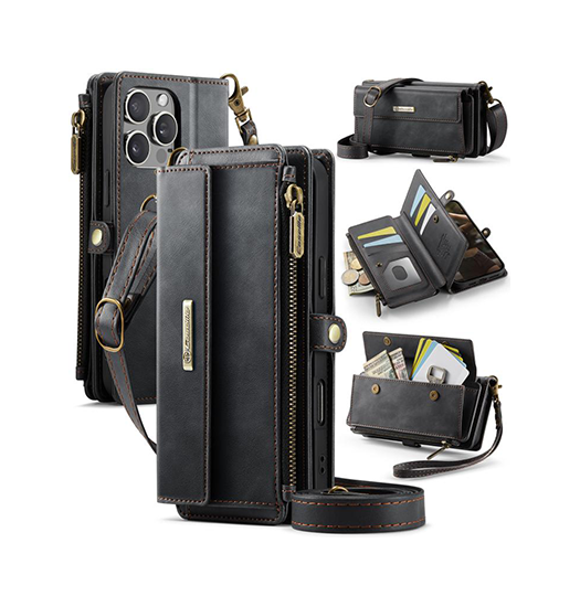 iPhone 16 Pro | iPhone 16 Pro - CaseMe™ Læder Cover med Crossbody Strop - Sort - DELUXECOVERS.DK