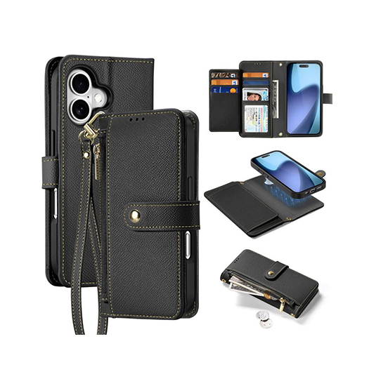 iPhone 16 | iPhone 16 - DUX DUCIS™ 2-i-1 plånboksfodral i läder med avtagbart skal - Svart - DELUXECOVERS.SE