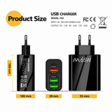 65W USB-C PD väggladdare + QC 3.0 (multiport) - Svart