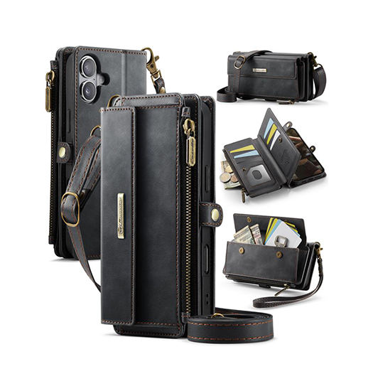 iPhone 16 | iPhone 16 - CaseMe™ Læder Cover med Crossbody Strop - Sort - DELUXECOVERS.DK