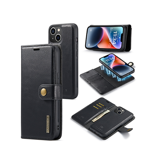 iPhone 13 Mini | iPhone 13 Mini - Vintage 2-i-1 plånboksfodral i läder (avtagbart skal) – Svart – DG.MING™ - DELUXECOVERS.SE