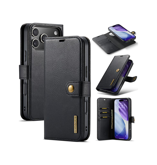 iPhone 18 Pro | iPhone 18 Pro - Vintage 2-i-1 plånboksfodral i läder (avtagbart skal) – Svart – DG.MING™ - DELUXECOVERS.SE