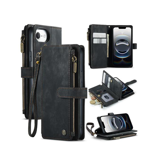 iPhone 17e / 16e | iPhone 17e / 16e - CaseMe™ Multifunktionel Læder Etui / Pung - Sort - DELUXECOVERS.DK
