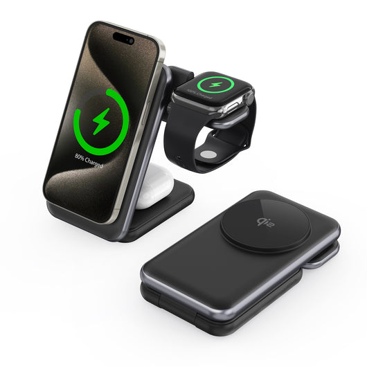 3-i-1 & Multi-Ladestationer | <X>Magcold™ 3-i-1 Ladestation til Mobil, iWatch, AirPods - 45W! - MagSafe - Sort - DELUXECOVERS.DK