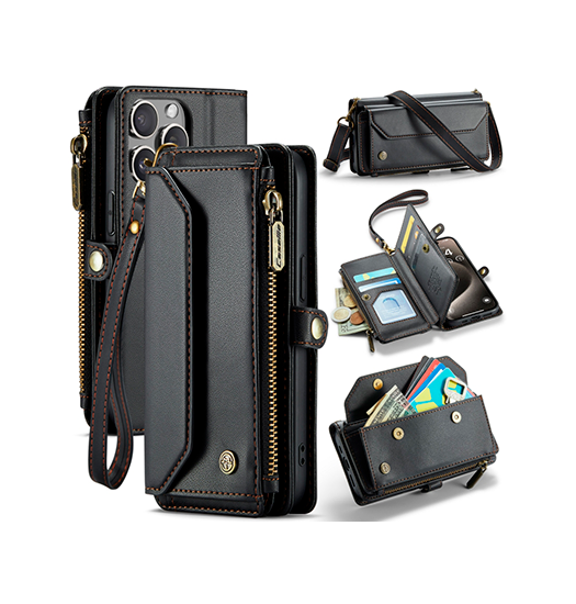 iPhone 16 Pro Max | iPhone 16 Pro Max - CaseMe™ RFID Læder Taske / Etui m. Pung - Sort - DELUXECOVERS.DK
