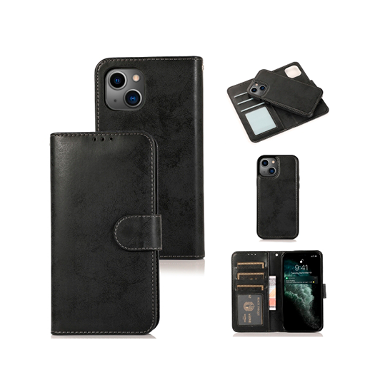 iPhone 15 Plus | iPhone 15 Plus - Vintage 2-i-1 plånboksfodral i läder med avtagbart skal - Svart/Grå - DELUXECOVERS.SE