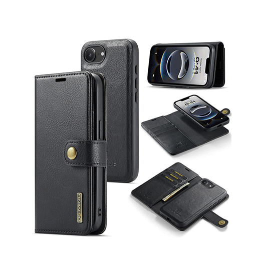 iPhone 17e / 16e | iPhone 17e / 16e - Vintage 2-i-1 plånboksfodral i läder (avtagbart skal) – Svart – DG.MING™ - DELUXECOVERS.SE