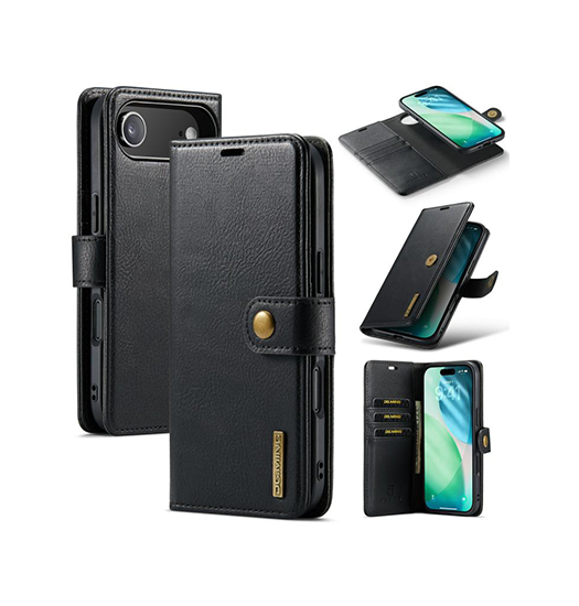 iPhone 17 Air | iPhone 17 Air - Vintage 2-i-1 plånboksfodral i läder (avtagbart skal) – Svart – DG.MING™ - DELUXECOVERS.SE