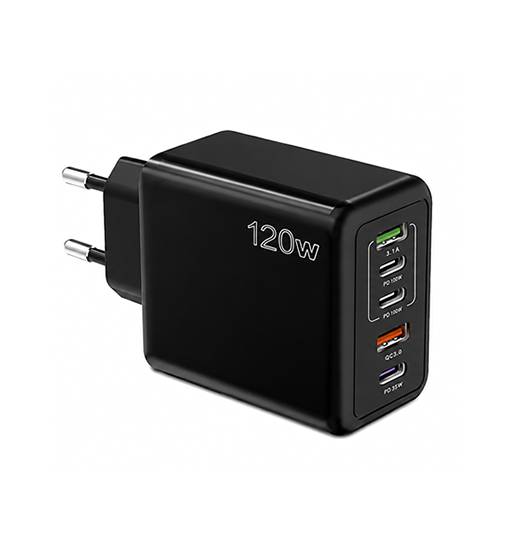 Vægoplader | 120W 5-Port Hurtigoplader med 3× USB-C PD & 2× USB-A - Sort - DELUXECOVERS.DK