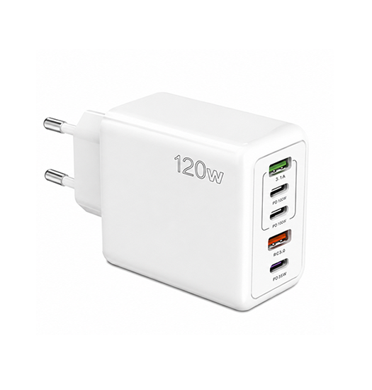 Vægoplader | 120W 5-Port Hurtigoplader med 3× USB-C PD & 2× USB-A - Hvid - DELUXECOVERS.DK