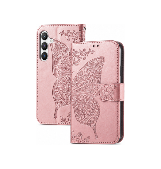 Samsung Galaxy S25 Plus | Samsung Galaxy S25 Plus - BUTTERFLY™ Læder Etui / Taske M. Pung - Rose - DELUXECOVERS.DK