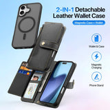 iPhone 16 | iPhone 16 - DUX DUCIS™ 2-i-1 plånboksfodral i läder med avtagbart skal - Svart - DELUXECOVERS.SE