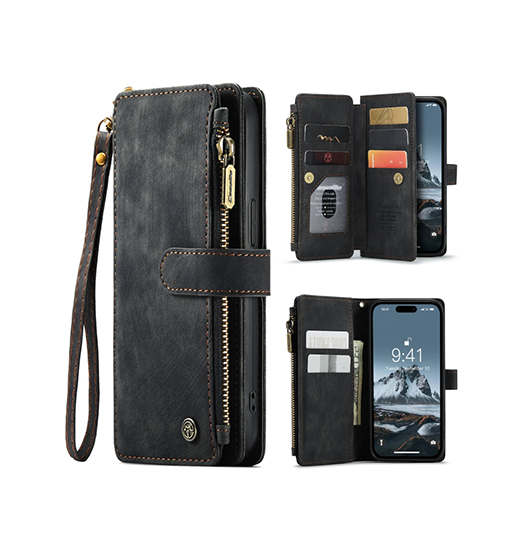 iPhone 15 Plus | iPhone 15 Plus - CaseMe™ multifunktionellt plånboksfodral i läder - Svart - DELUXECOVERS.SE