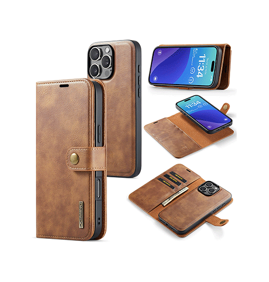 iPhone 16 Pro | iPhone 16 Pro - Vintage 2-i-1 læder etui (aftageligt cover) – Brun – DG.MING™ - DELUXECOVERS.DK