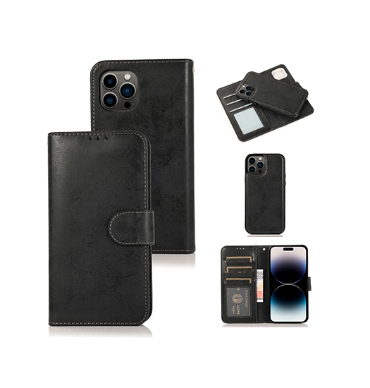 iPhone 16 Pro | iPhone 16 Pro - Vintage 2-i-1 plånboksfodral i läder med avtagbart skal - Svart/Grå - DELUXECOVERS.SE