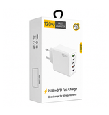 Vægoplader | 120W 5-Port Hurtigoplader med 3× USB-C PD & 2× USB-A - Hvid - DELUXECOVERS.DK