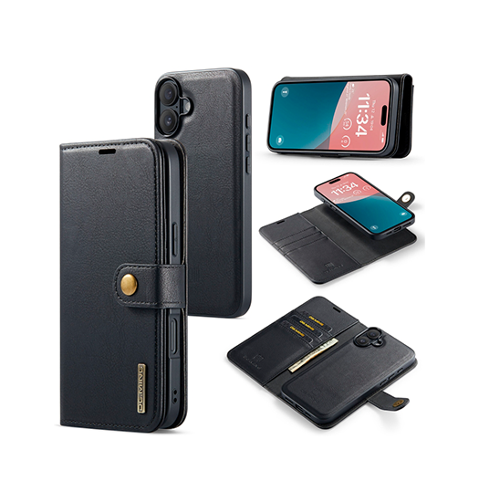 iPhone 16 | iPhone 16 - Vintage 2-i-1 plånboksfodral i läder (avtagbart skal) – Svart – DG.MING™ - DELUXECOVERS.SE