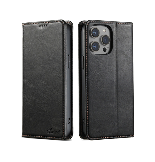 iPhone 14 Pro Max | iPhone 14 Pro Max - Suteni® Heritage Oil plånboksfodral i läder - Svart - DELUXECOVERS.SE