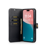 iPhone 16 | iPhone 16 - Vintage 2-i-1 plånboksfodral i läder (avtagbart skal) – Svart – DG.MING™ - DELUXECOVERS.SE