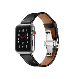 Apple Watch 42-49mm | Apple Watch (42/44/SE/45/46/49mm) - BOX-W Kalveskinds Læder Rem - Sort - DELUXECOVERS.DK