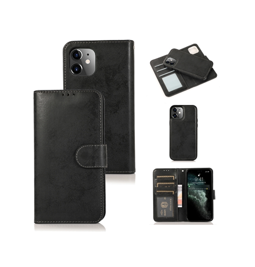iPhone 11 | iPhone 11 - Vintage 2-i-1 plånboksfodral i läder med avtagbart skal - Svart/Grå - DELUXECOVERS.SE