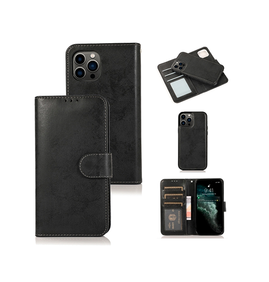 iPhone 13 Pro | iPhone 13 Pro - Vintage 2-i-1 plånboksfodral i läder med avtagbart skal - Svart/Grå - DELUXECOVERS.SE