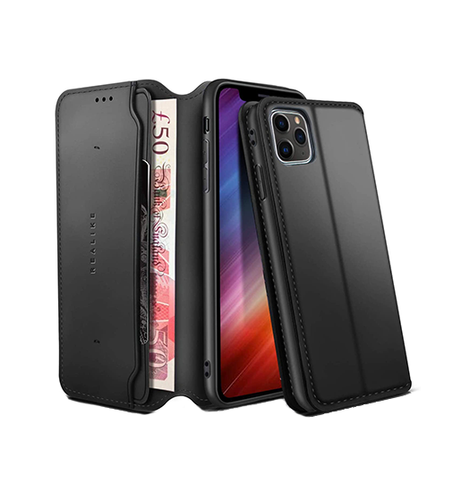 iPhone 11 Pro Max | iPhone 11 Pro Max - Realike™ Folio Læder Cover M. Kortholder - Sort - DELUXECOVERS.DK