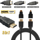 Kabel Special | HDMI 3-i-1 Kabel M. Mini HDMI / Micro HDMI Adaptere - Sort - DELUXECOVERS.DK